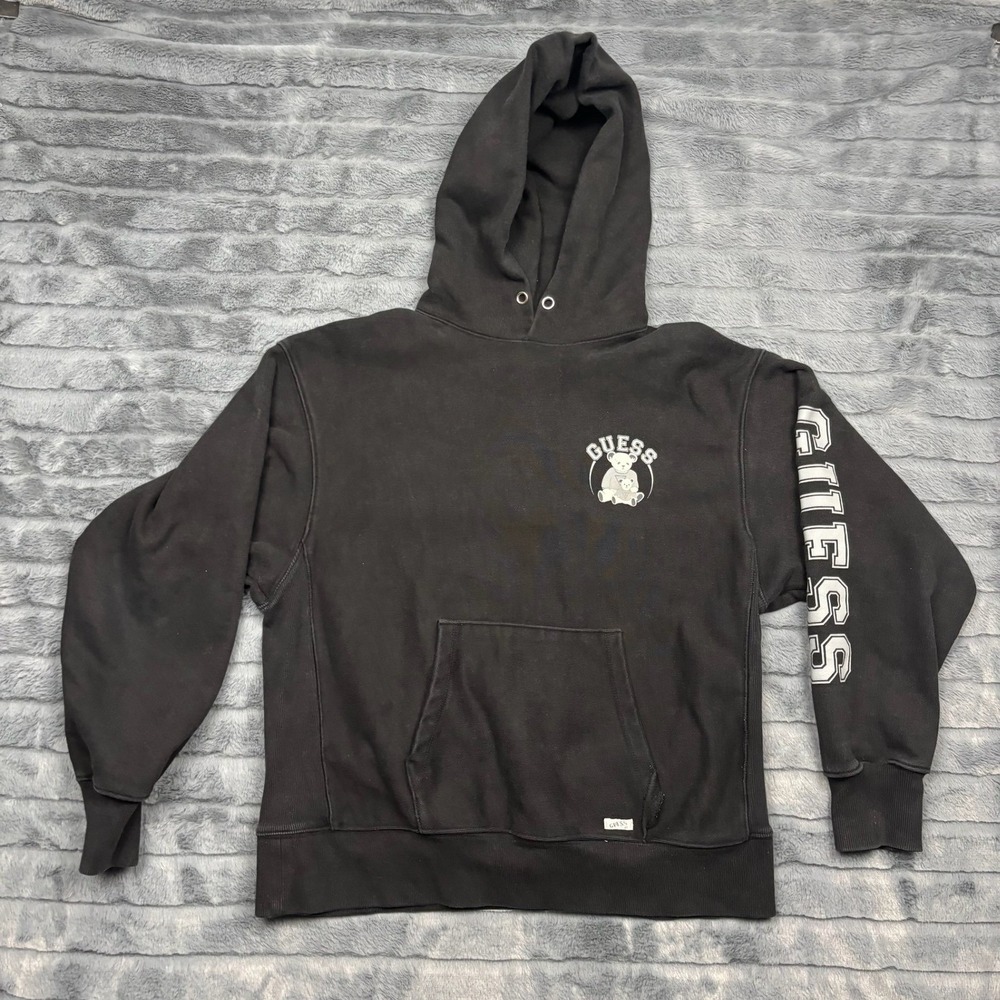 GUESS Jeans Mens Black Teddy Bear Graphic Sleeve Logo Hoodie MI4K8324IA Small